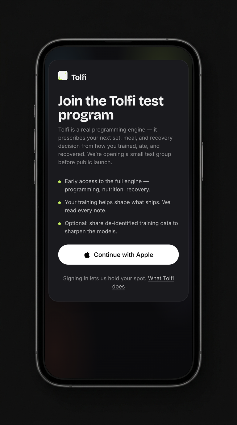 The Tolfi join page on an iPhone — Join the Tolfi test program, with a Continue with Apple button