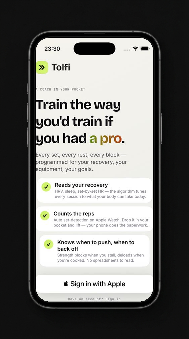 Tolfi's sign-in screen — Train the way you'd train if you had a pro, with a Sign in with Apple button