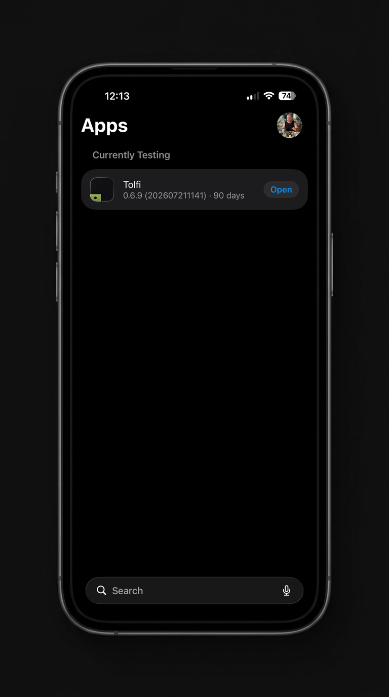 TestFlight's Apps screen showing Tolfi under Currently Testing with an Open button