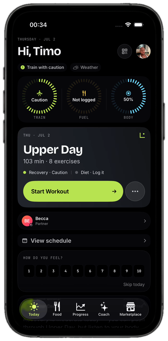 Tolfi on iPhone — readiness rings, today's planned workout, and Start Workout