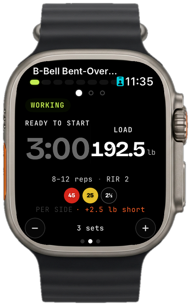 Tolfi on Apple Watch Ultra — post-set confirm card with rep and weight steppers